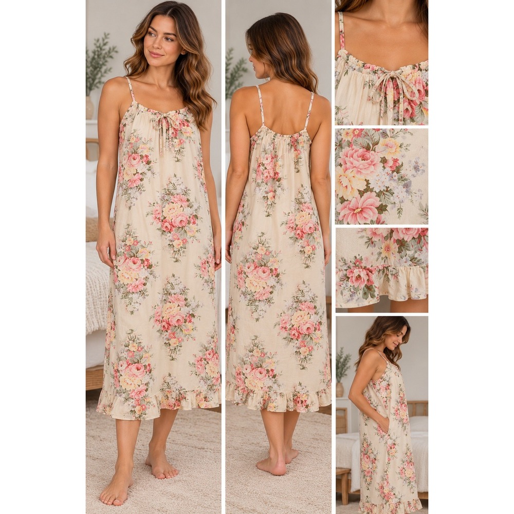 Lauren Ralph Lauren Nightgown Floral Cotton Romantic Cottagecore Cream Size M
